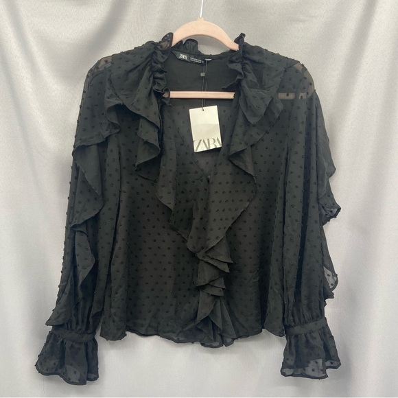 NWT Zara Swiss Dot Ruffle Long Sleeve Sheer Black Top Size Small - Picture 1 of 10